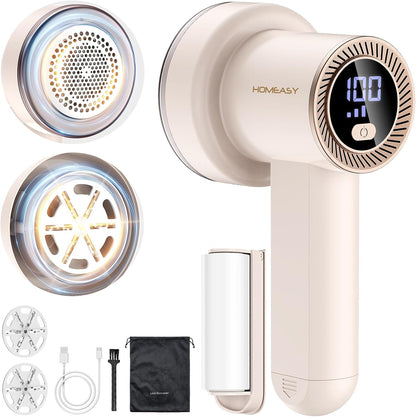 Fabric Shaver Fuzz Remover Rechargeable, HOMEASY Electric Lint Remover Shaver with 3 Blades & LED Digital Display, Sweater Couch Fabric Pill Shaver for Sweater, Couch, Furniture (White)