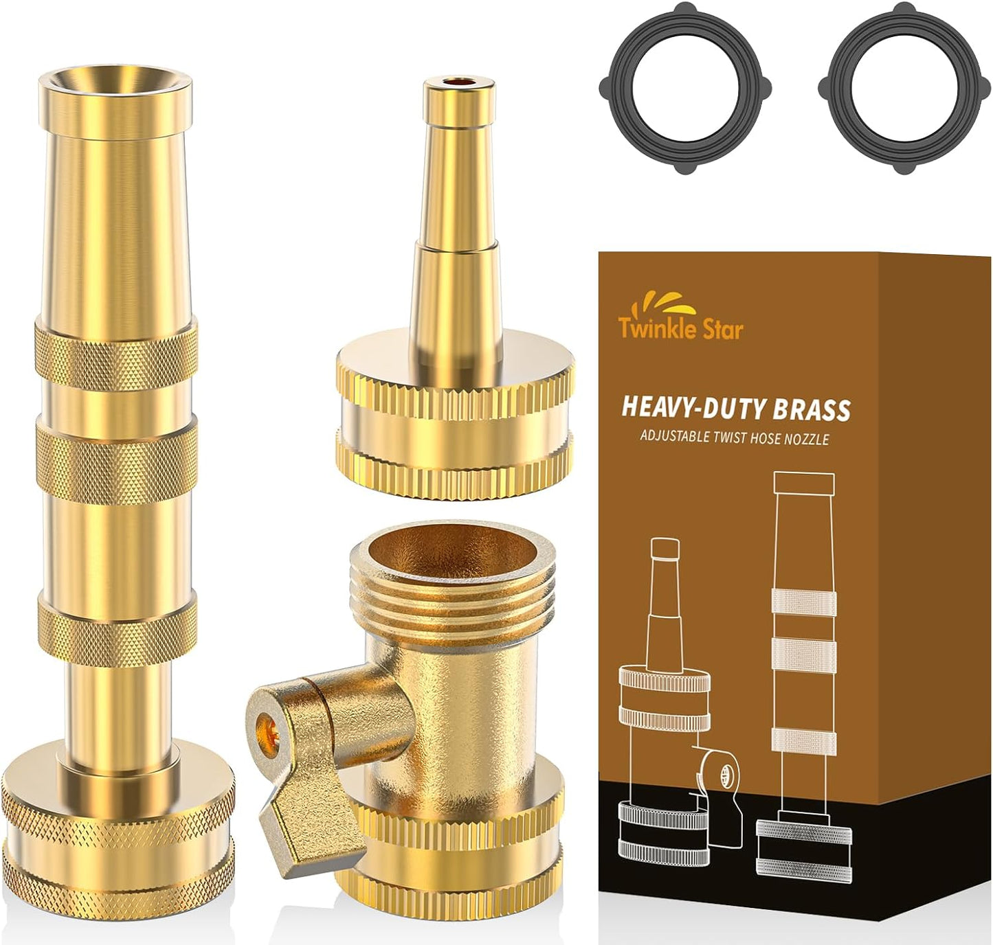 Twinkle Star Heavy-Duty Brass Adjustable Twist Hose Nozzle, 2 Pcs | 3/4” GHT Brass Garden Hose Nozzle, Adjustable Water Flow