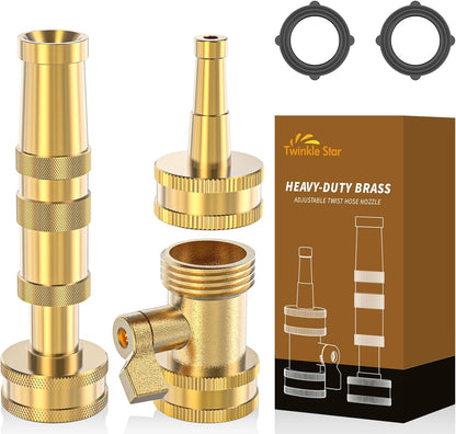 Twinkle Star Heavy-Duty Brass Adjustable Twist Hose Nozzle, 2 Pcs | 3/4” GHT Brass Garden Hose Nozzle, Adjustable Water Flow