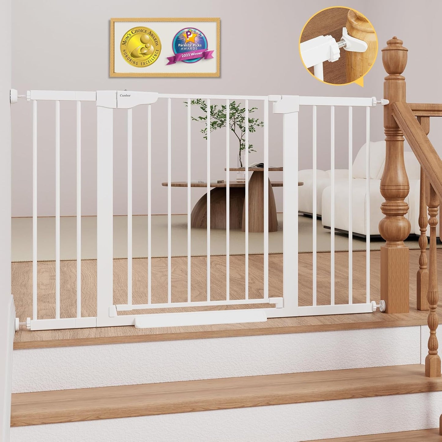 Cumbor 29.7-48" Baby Gate for Stairs, Mom's Choice Awards Winner-Dog Gate for Doorways, Auto Close Safety Pet Gate for Dogs Indoor, Easy Install Pressure Mounted Child Gate with Walk Thru Door, Brown