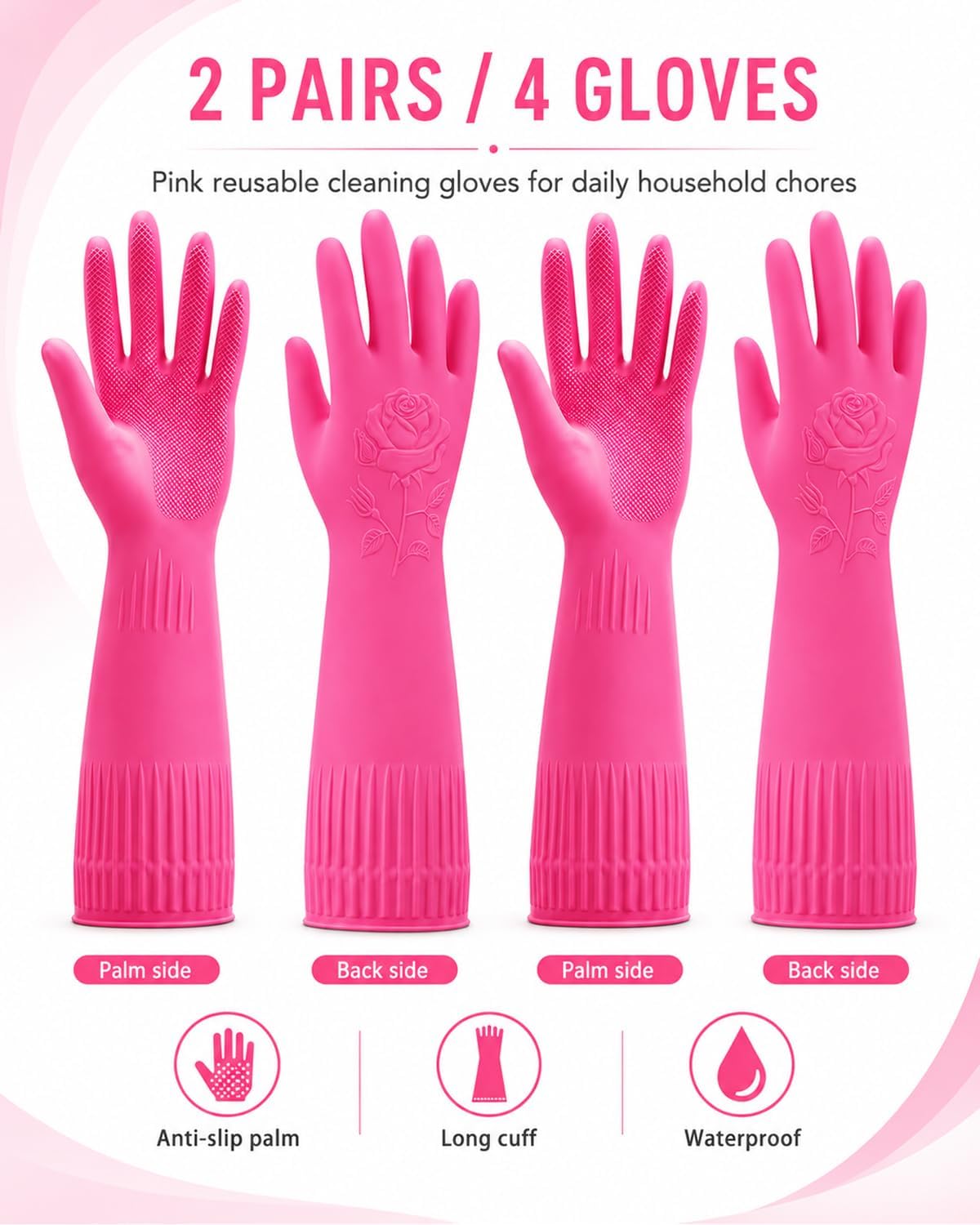 Disfore Rubber-Gloves Dishwashing Gloves for Cleaning-Kitchen - 2 Pairs Long Household Cleaning Gloves for Washing Dishes
