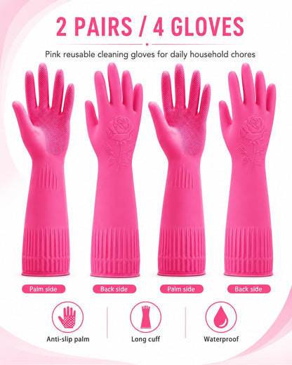 Disfore Rubber-Gloves Dishwashing Gloves for Cleaning-Kitchen - 2 Pairs Long Household Cleaning Gloves for Washing Dishes