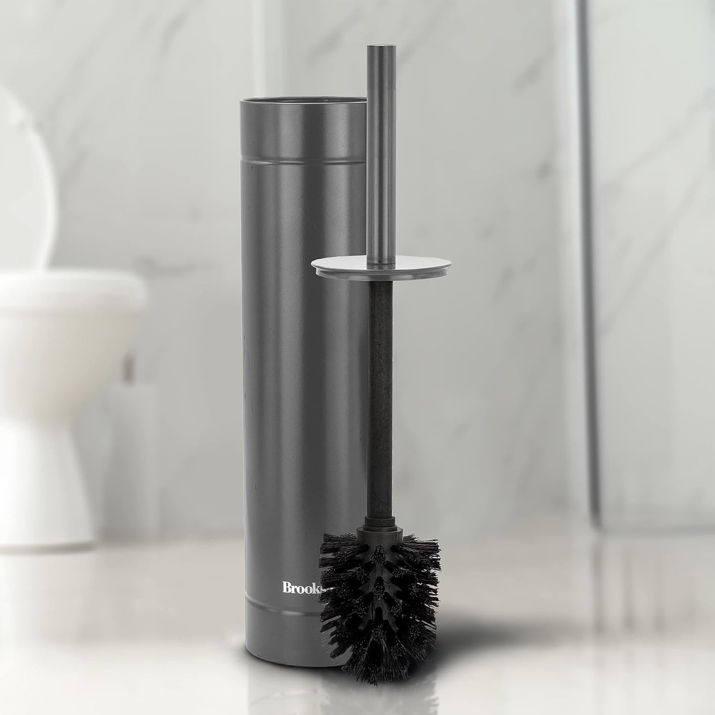 BROOKSTONE Toilet Brush and Holder Set for Bathroom with Splash Guard for Deep Cleaning, Compact and Space Saving Stylish Toilet Bowl Cleaners, Chrome
