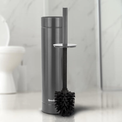 BROOKSTONE Toilet Brush and Holder Set for Bathroom with Splash Guard for Deep Cleaning, Compact and Space Saving Stylish Toilet Bowl Cleaners, Chrome