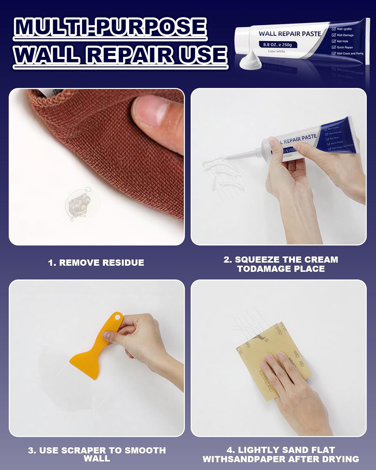 Efficient Drywall Repair Kit with Scraper,Wall Repair Paste Tube,Quick-Drying Wall Mending Agent, Wall Repair Paste,Multi-Functional Patch Paste for Wall Crack/Nail Hole/Graffiti,Wall Surface(1pack)