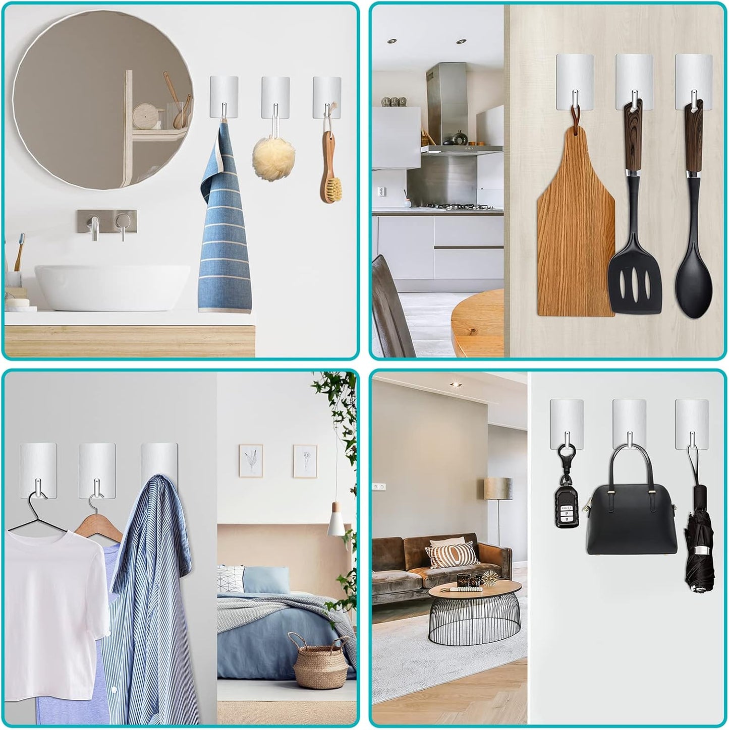 Adhesive Hooks Heavy Duty, Long Stainless Steel Self Adhesive Wall Hook, Sticky Towel Hangers for Kitchen Bathroom, Waterproof Stick on Door Hooks for Hanging Key Hat Coat 4Pack(Black)