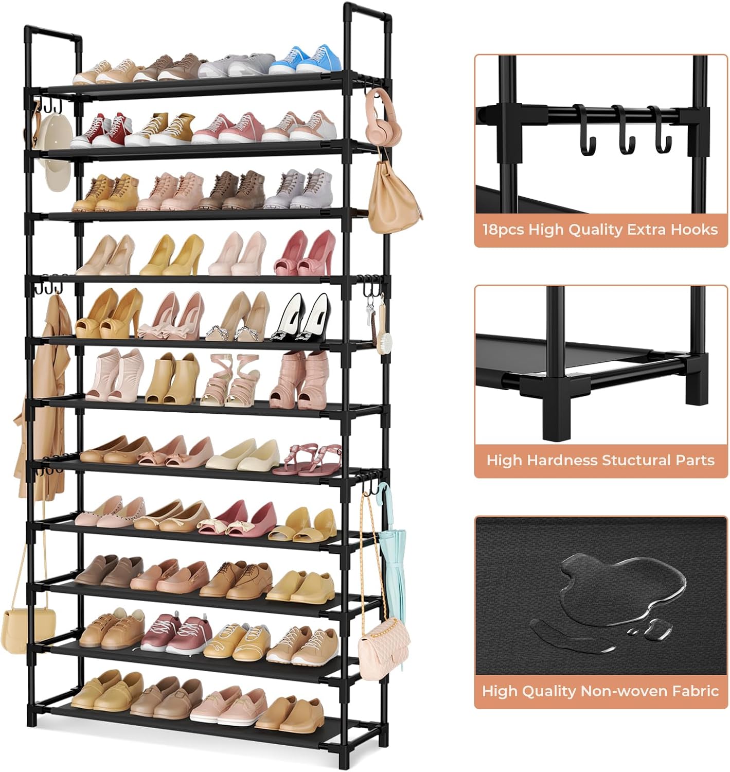 LANTEFUL 10 Tiers Shoe Rack 50 Pairs Large Capacity Tall Shoe Organizer Sturdy Shoe Storage with Two Hooks Space Saving Metal Wide Shoe Rack for Closet, Entryway, Bedroom, Black
