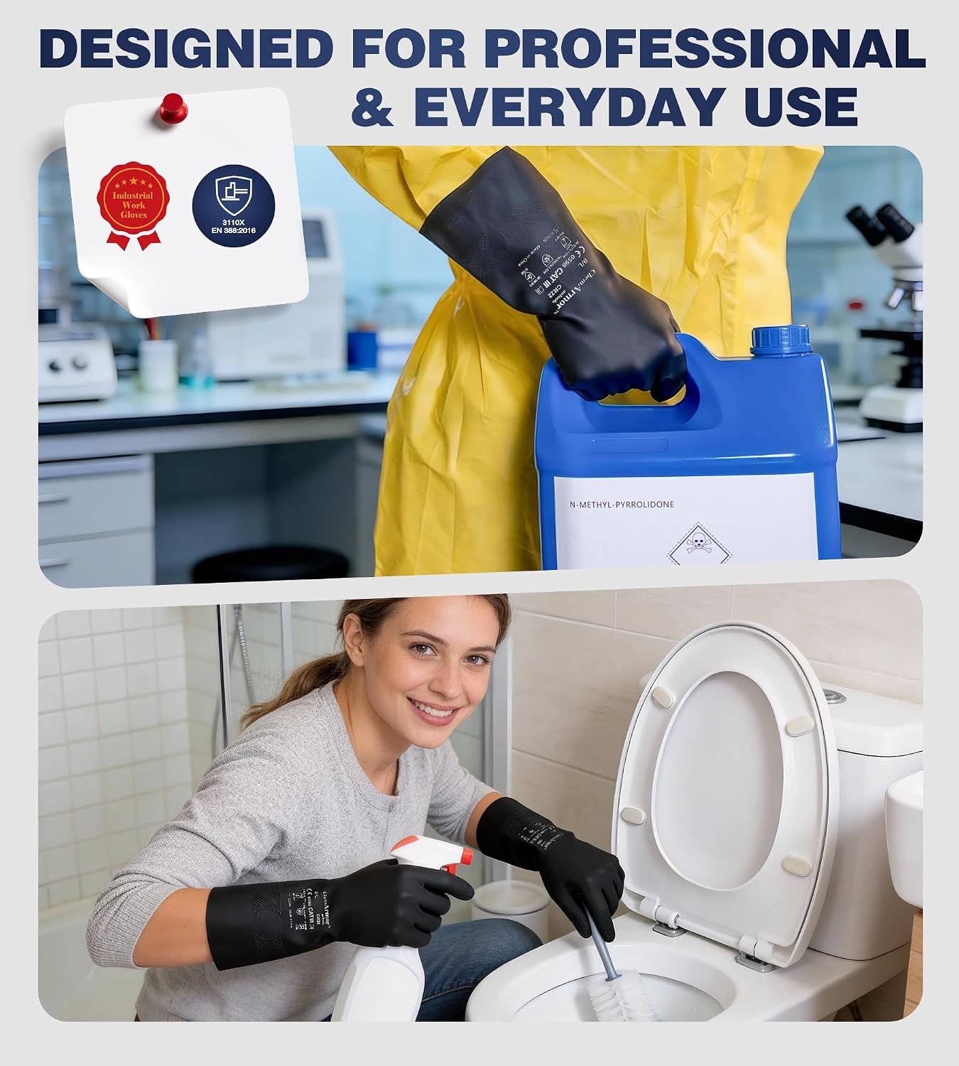 AnTools 2 Pairs Heavy-Duty Chemical Resistant Rubber Gloves, Protective Industrial Gloves for Cleaning, Dishwashing, Resist Acid, Alkali, Hazmat, Black, X-Large