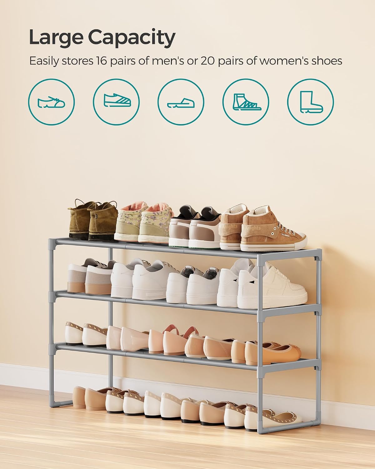 SONGMICS Shoe Rack, 6-Tier Shoe Organizer, Metal Storage Shelf, Upright or Upside Down, for 24-30 Pairs, Stackable, for Entryway, 11.8 x 36.2 x 42.7 Inches, Black ULSA306BH01