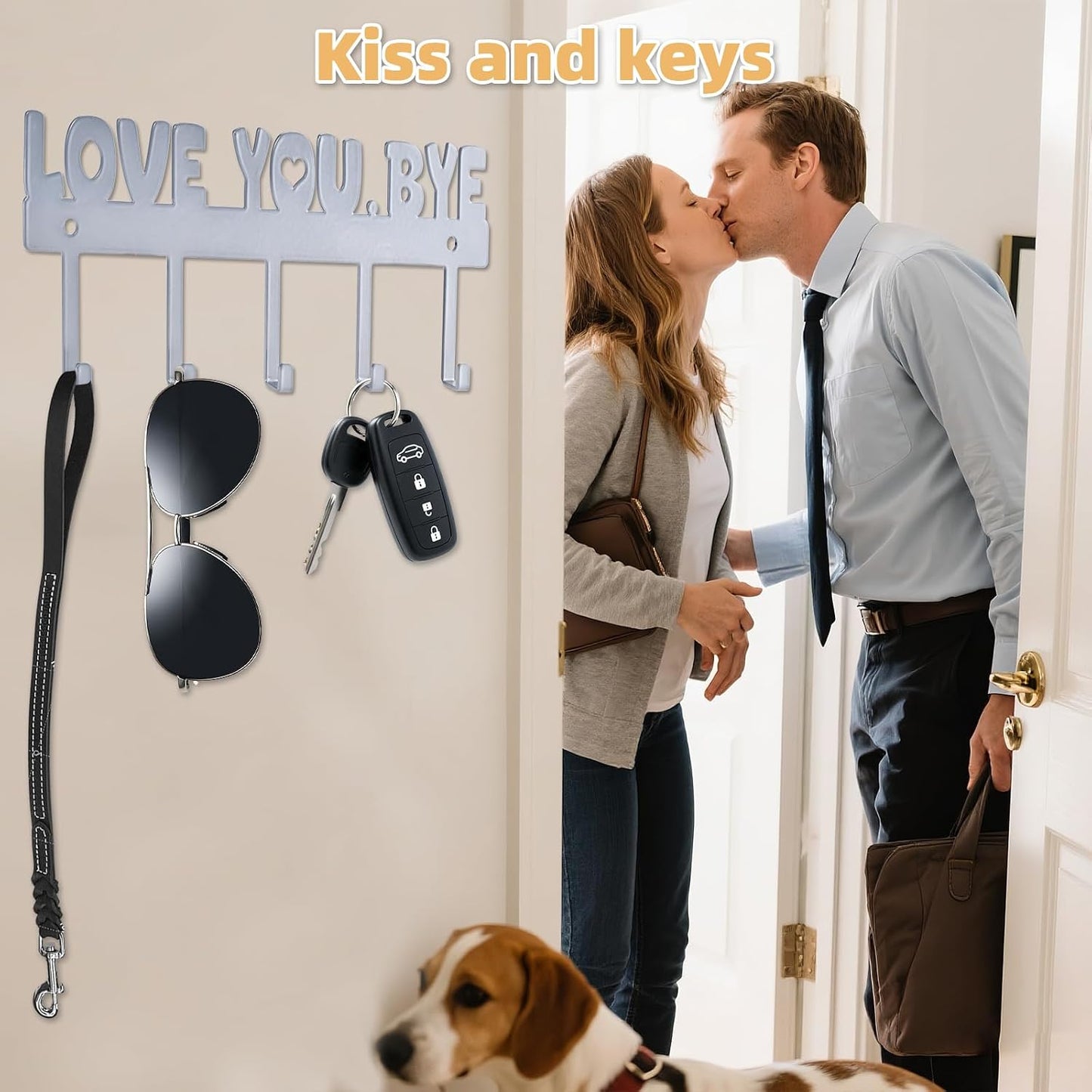 Key Holder Wall Mount, No Drill Adhesive, Black, 5 Hooks | 'Love You.Bye' Entryway Organizer, Metal, 10x4 Inch, Screws Installation