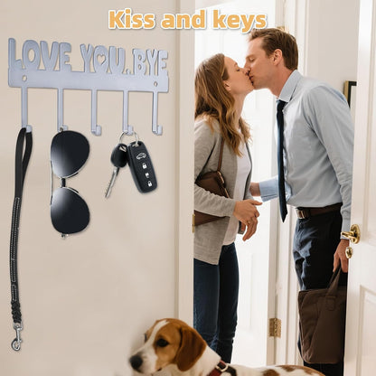 Key Holder Wall Mount, No Drill Adhesive, Black, 5 Hooks | 'Love You.Bye' Entryway Organizer, Metal, 10x4 Inch, Screws Installation
