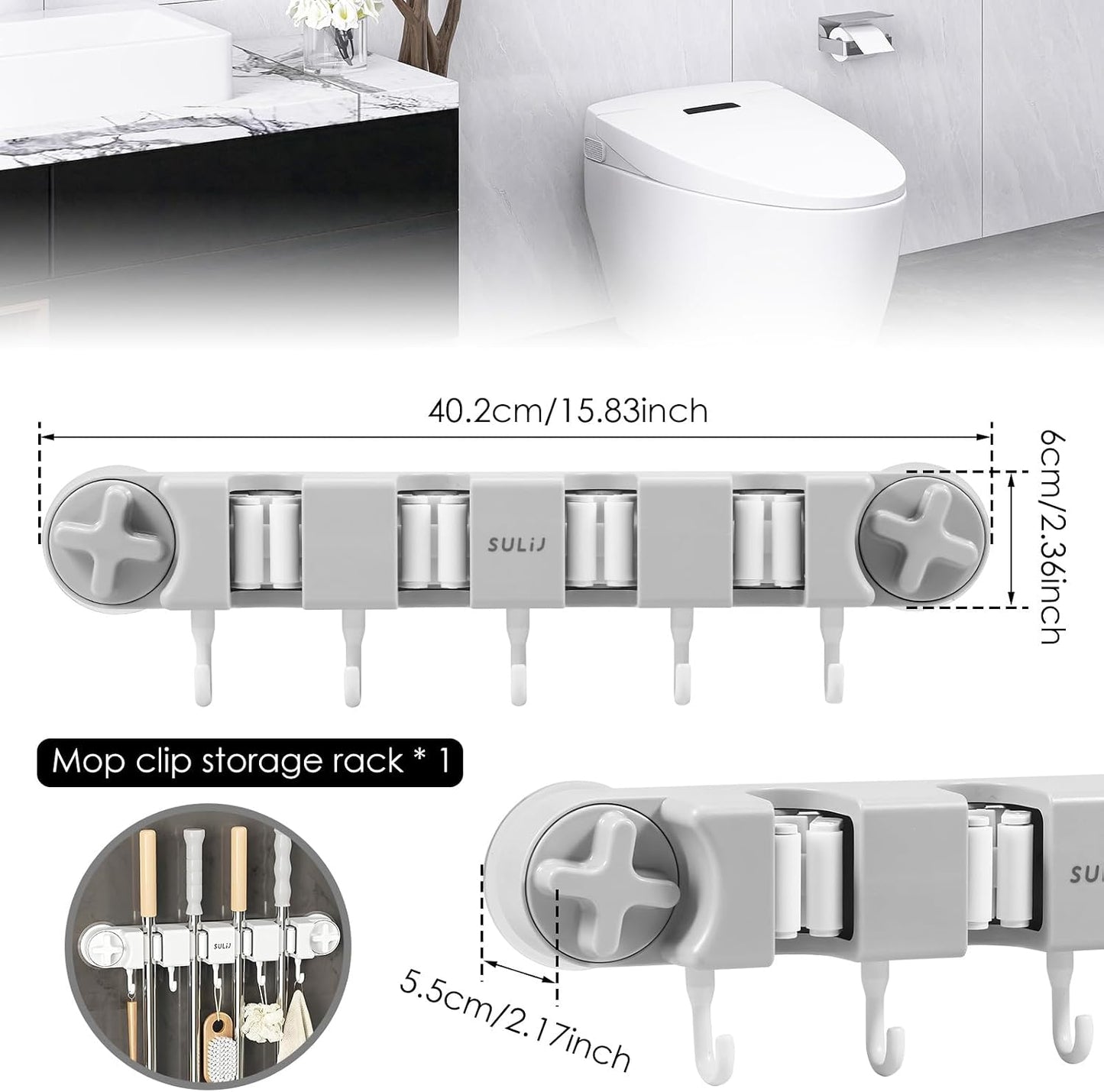 Broom Holder Wall Mount Sturdy Mop and Broom Organizer with 4 Racks and 5 Hooks Vacuum Suction Cup Broom Mop Holder for Home, kitchen, Garden, Tools, Garage