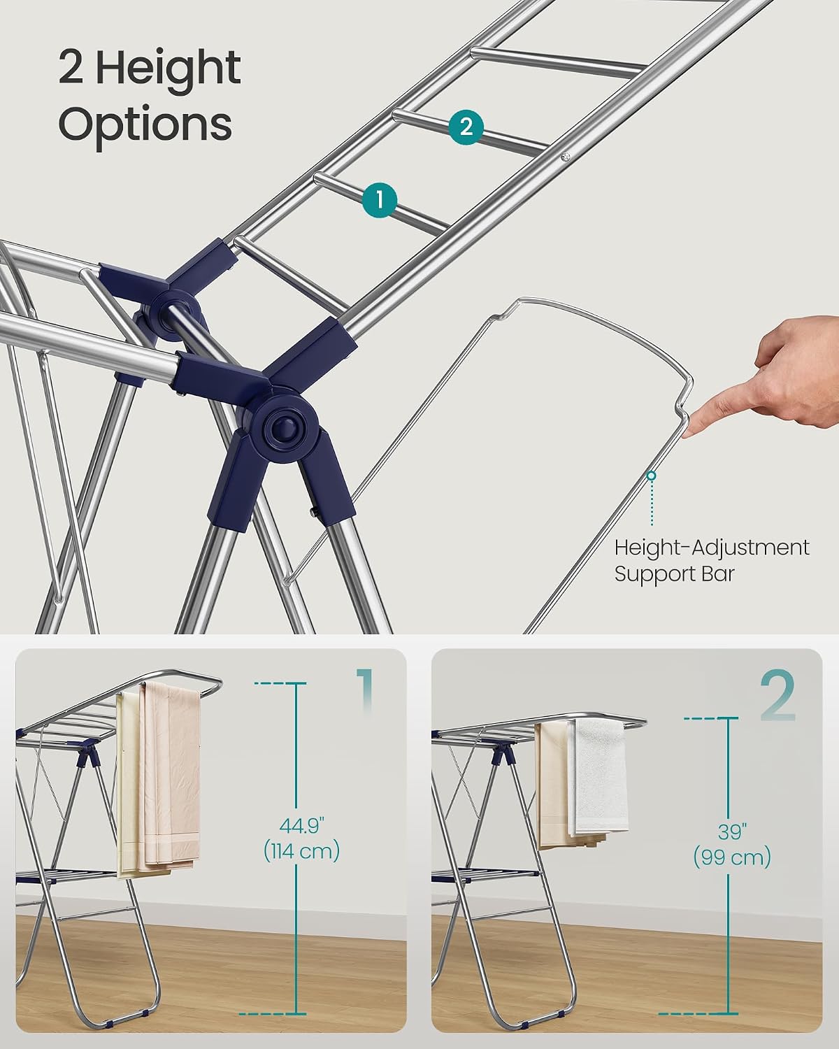 SONGMICS Clothes Drying Rack, Foldable Laundry Drying Rack, Blue | Sock Clips, Metal Clothes Airer with Height-Adjustable Gullwings, Space-Saving, Indoor Outdoor, ULLR505EQ01