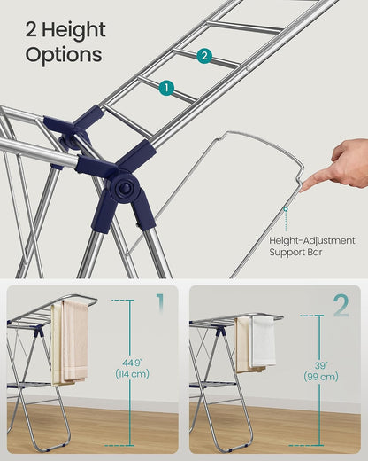 SONGMICS Clothes Drying Rack, Foldable Laundry Drying Rack, Blue | Sock Clips, Metal Clothes Airer with Height-Adjustable Gullwings, Space-Saving, Indoor Outdoor, ULLR505EQ01