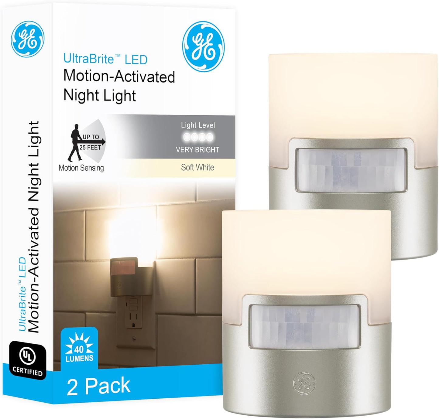 GE LED Motion Sensor Night Light, Plug into wall, 40 Lumens, Soft White, UL-Certified, Energy Efficient, Ideal Nightlight for Bedroom, Bathroom, Kitchen, Hallway, 46632, White, 2 Pack