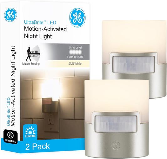GE LED Motion Sensor Night Light, Plug into wall, 40 Lumens, Soft White, UL-Certified, Energy Efficient, Ideal Nightlight for Bedroom, Bathroom, Kitchen, Hallway, 46632, White, 2 Pack