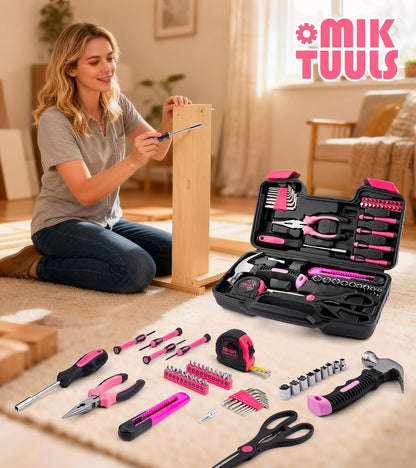 Tool Set 49PCS, Small Tool Kit, All Purpose Small General Household Tool Box for Home/Office/College Repair, DIY, Ideal Gift Choice, Pink