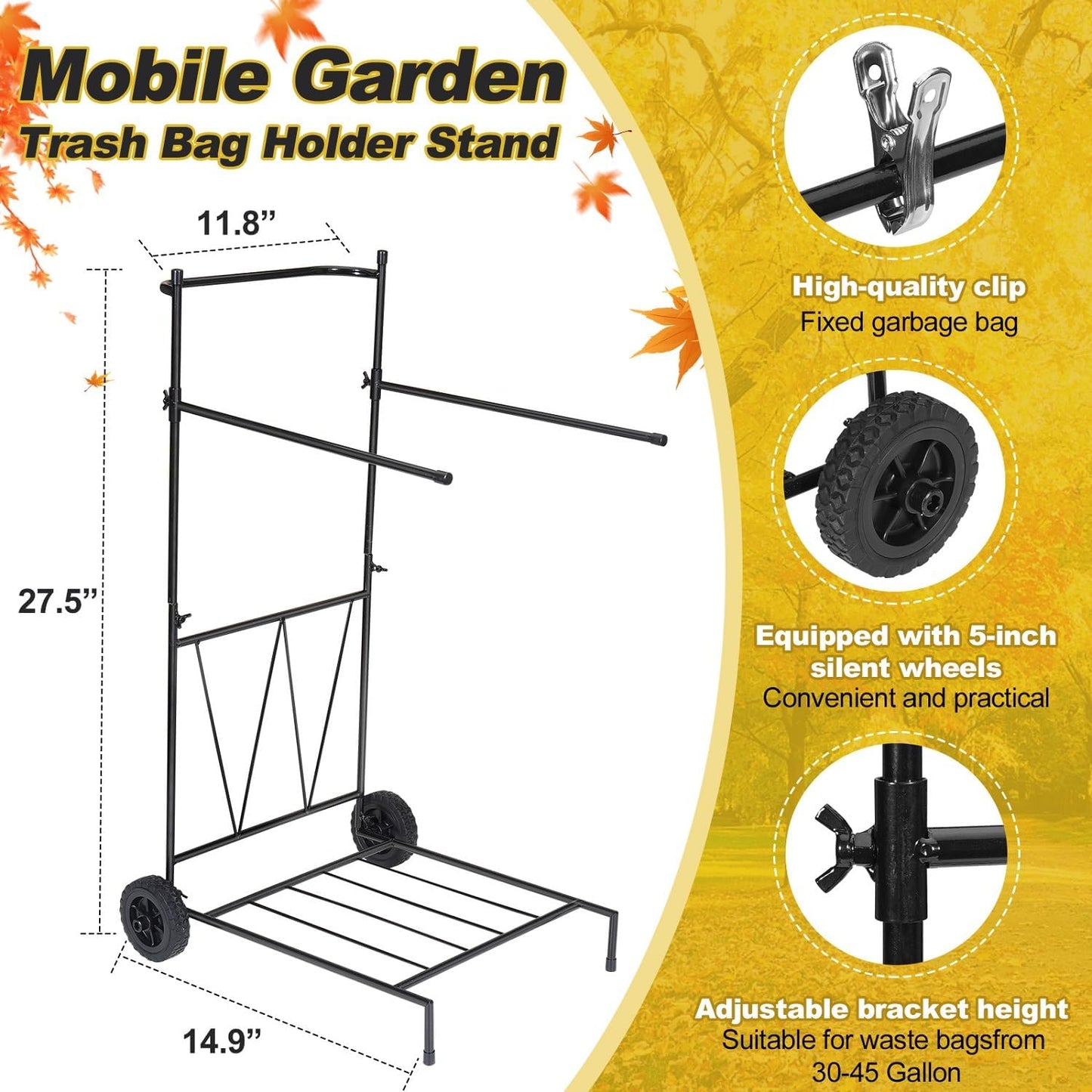 Portable Trash Bag Holder with Wheel, Adjustable 30-45 Gallon Outdoor Leaf Bag Stand, Durable Trash Bag Rack, for Yard, Lawn Cleanup, Gardening, Camping & Parties