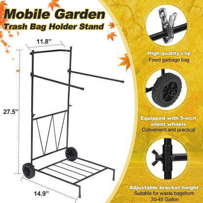 Portable Trash Bag Holder with Wheel, Adjustable 30-45 Gallon Outdoor Leaf Bag Stand, Durable Trash Bag Rack, for Yard, Lawn Cleanup, Gardening, Camping & Parties
