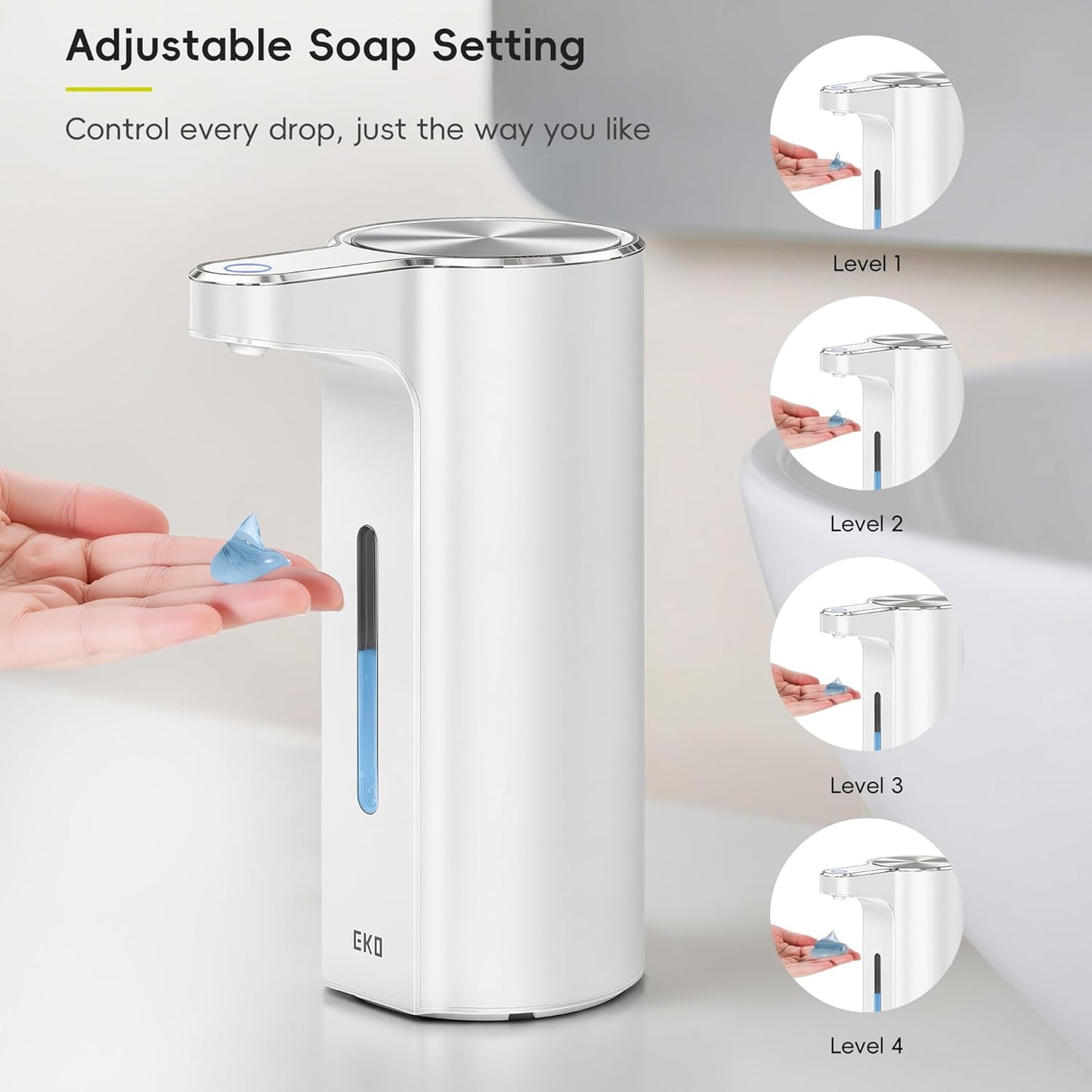 EKO Aroma 9 fl oz Automatic Liquid Soap Dispenser, Rechargeable & Water-Resistant Soap Dispenser for Kitchen and Bathroom with Adjustable Volume Control (Matte Black Steel)