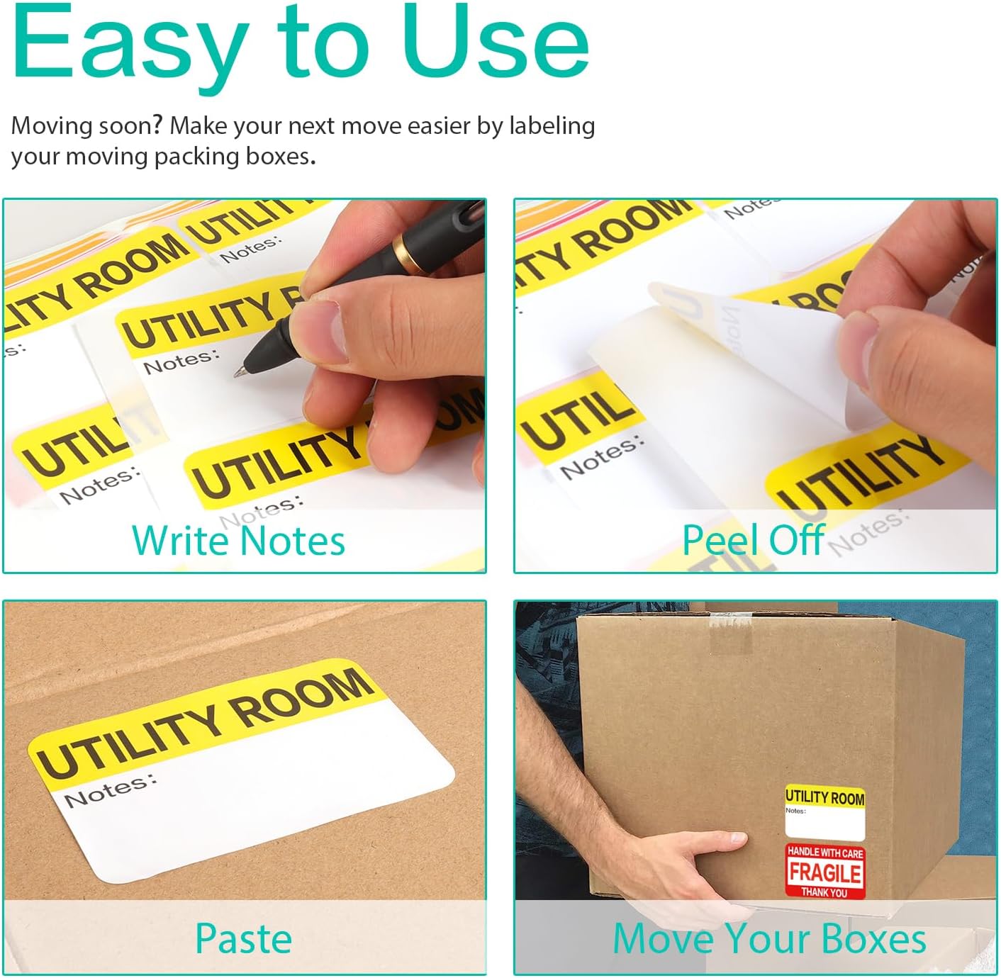 600 Count 3 x 2 Large Home Moving Packing Box Labels for 3-4 Bedroom House with Writable Notes Areas, 17 Color Coded Moving Labels for Boxes + Fragile Moving Stickers + Heavy and Blank Labels