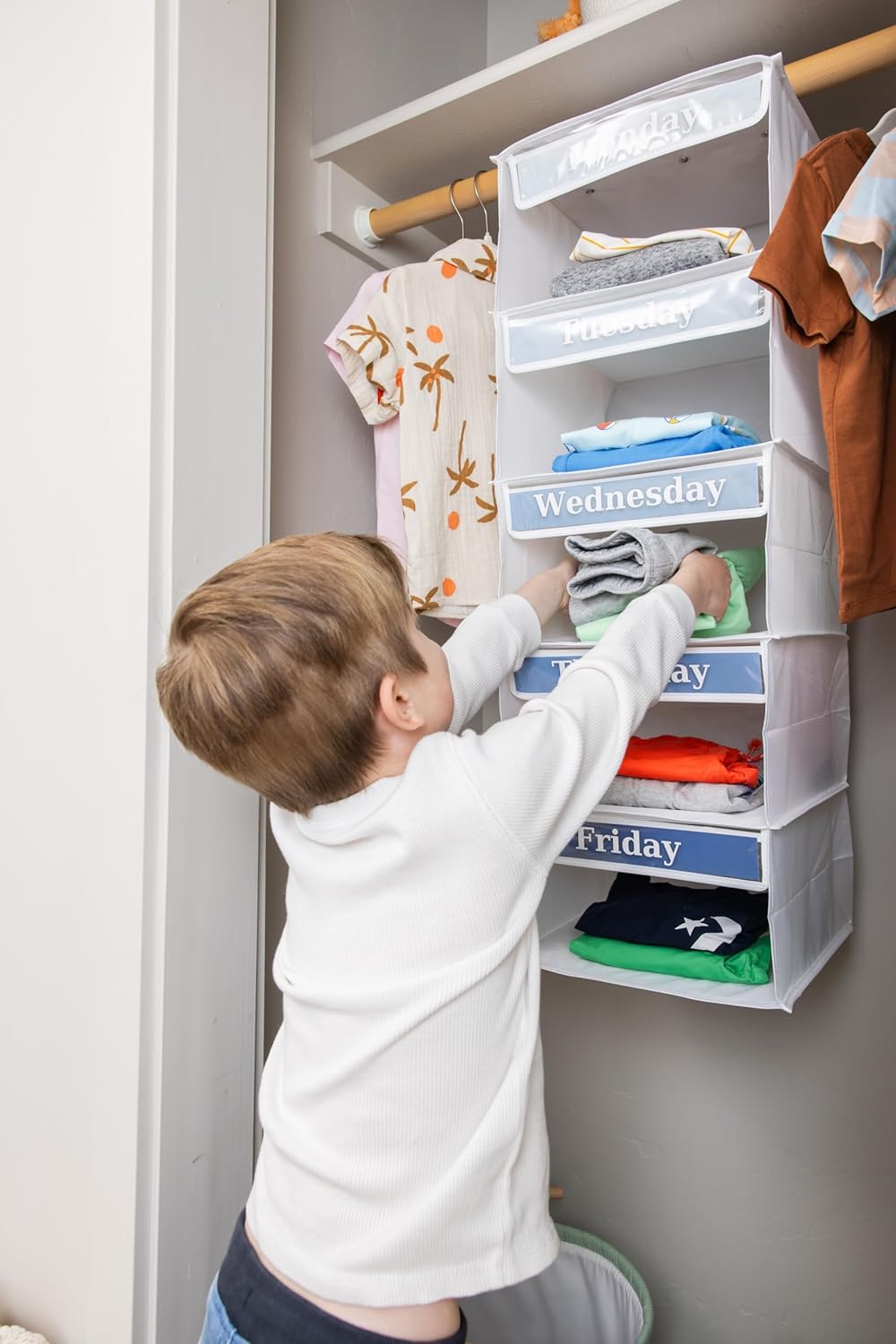 Three Sweet Peas Co Monday through Friday Hanging Weekly Clothes Organizer for Kids