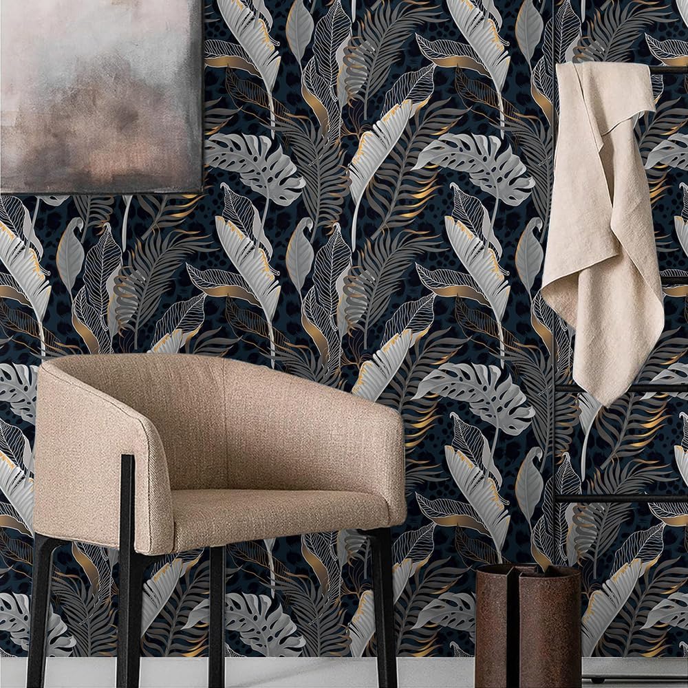 MuralPeel Dark Blue/Yellow Leaf Floral Peel and Stick Wallpaper Vintage Easy Peel Off Self Adhesive Removable Stick on Wall Paper for Kitchen Cabinet Renter Friendly