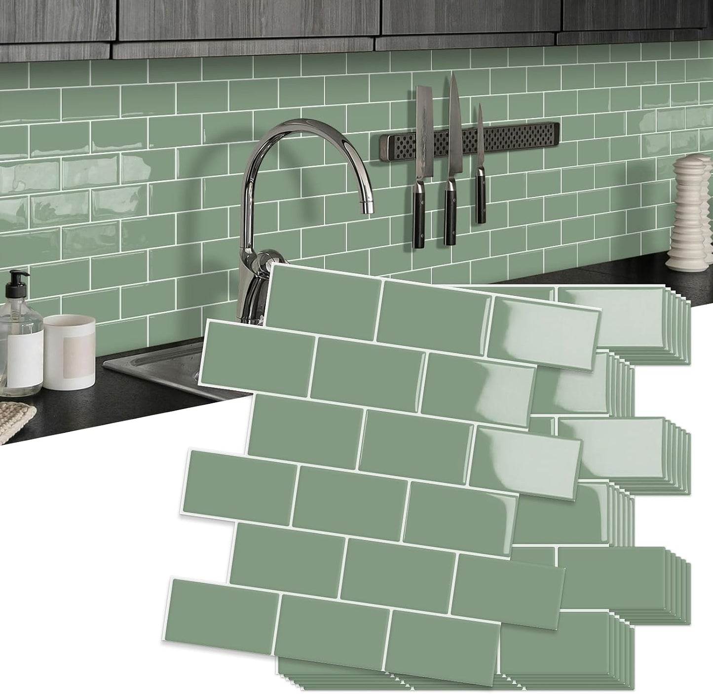 10-Sheet Thick Peel and Stick Kitchen Backsplash Tiles(Green,12"×12") | 3D Subway Waterproof Self-Adhesive Wall Tile Stick on Backsplash for Kitchen and Bathroom