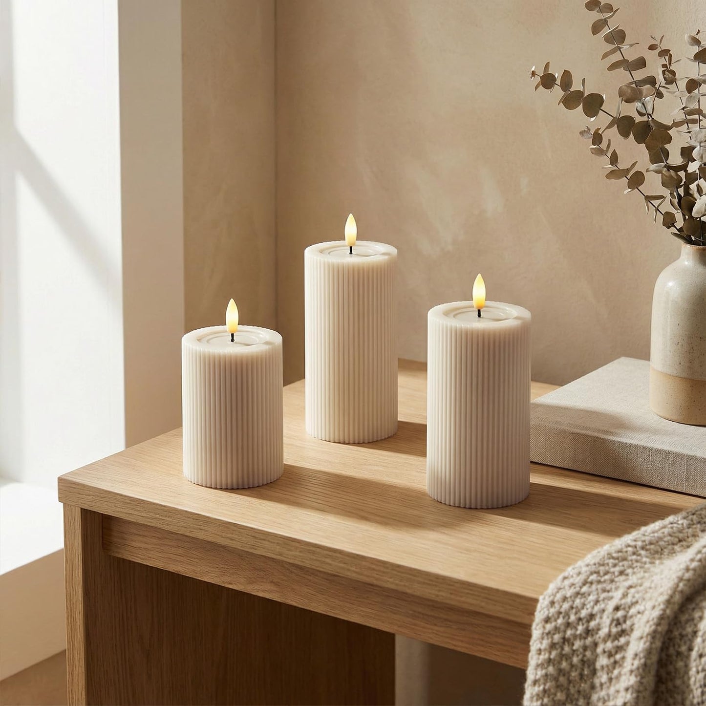 Fluted Ribbed LED Pillar Candles, Cream Beige, with Reflective Melted-Wax Effect – Flickering Flame, Remote, Dimmable, Flameless, Battery Operated, Home & Wedding Decor (Set of 3)