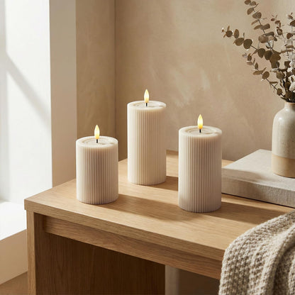 Fluted Ribbed LED Pillar Candles, Cream Beige, with Realistic Reflective Melted-Wax Effect – Flickering Flame, Remote, Dimmable, Flameless, Battery Operated, Home & Wedding Decor (Set of 3)