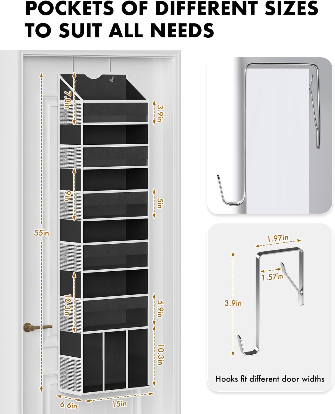 Over the Door Hanging Organizer - Closet Door Organizer and Storage with Large Pockets, Swing-Proof Behind The Door Organizer for Bathroom Nursery (Grey, 1 Pack -Extra Large 6 Tier)