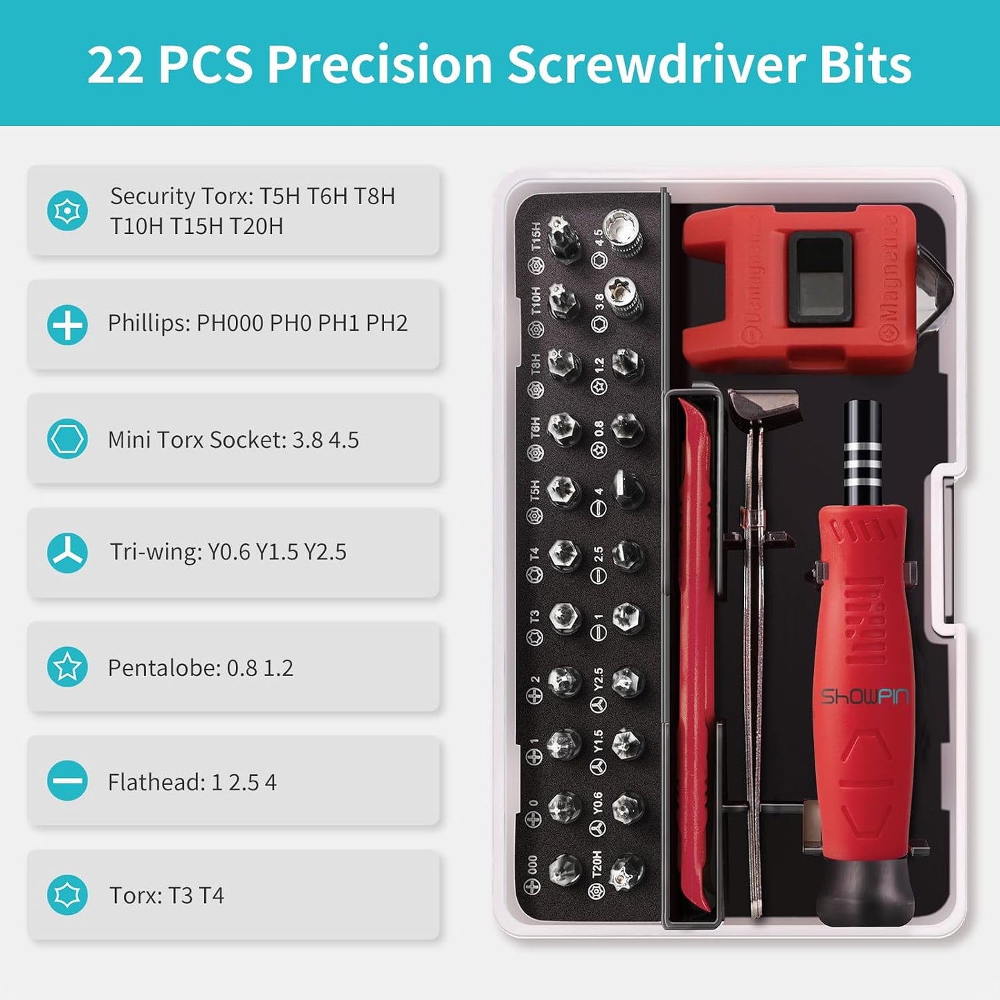SHOWPIN Precision Computer Screwdriver Kit: 122PCS Laptop Screwdriver Sets | 101 Magnetic Drill Bits, Computer Accessories, Electronics Tool Kit Compatible for Tablet, PC, iPhone, PS4 Repair