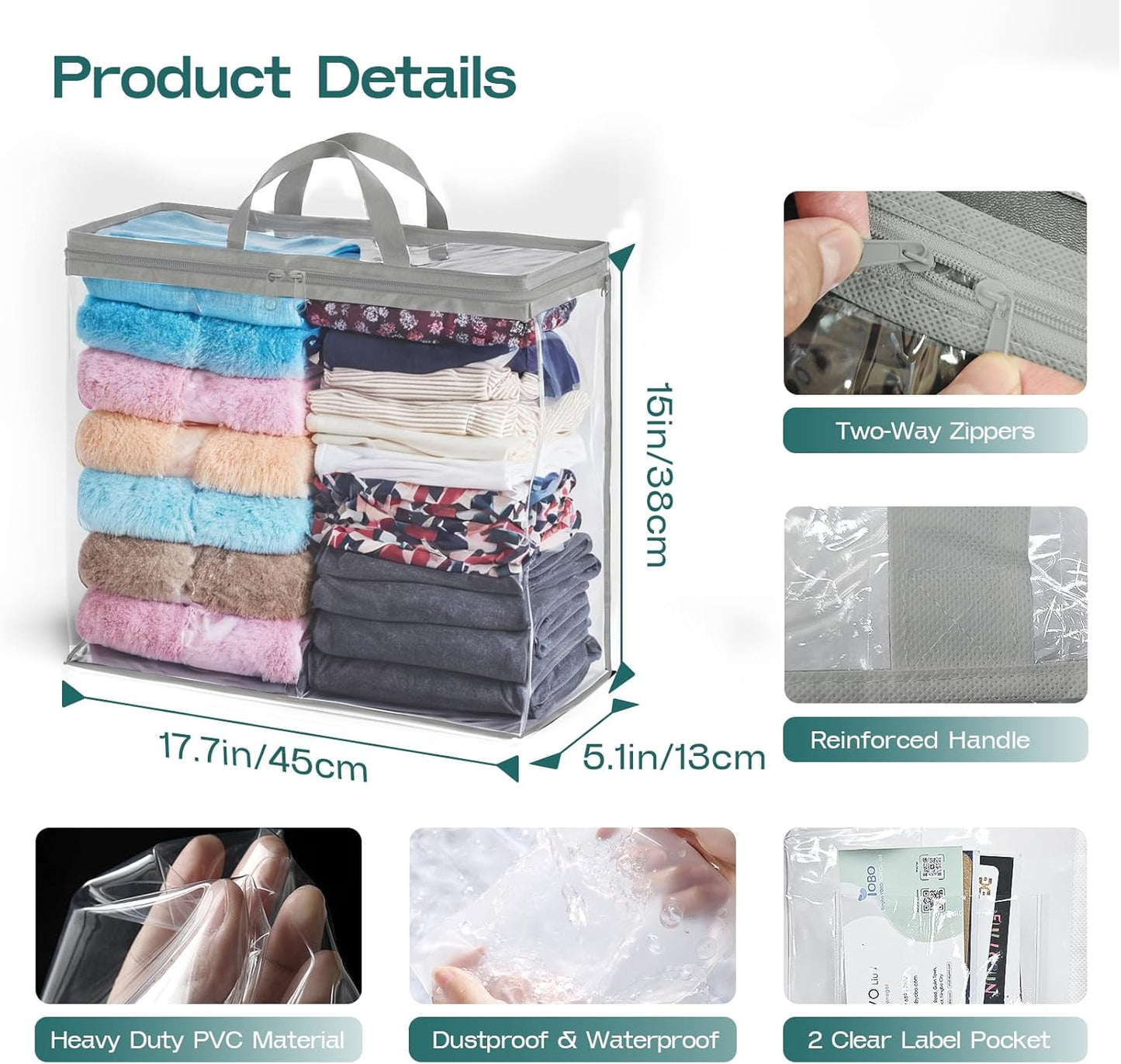 5PACK Clear Zippered Storage Bag for Clothes, 22L Clear Storage Bags, and Blanket Storage Bags for Bedding, Blankets, Comforters, Clothing, Books, DVD & CD (White)
