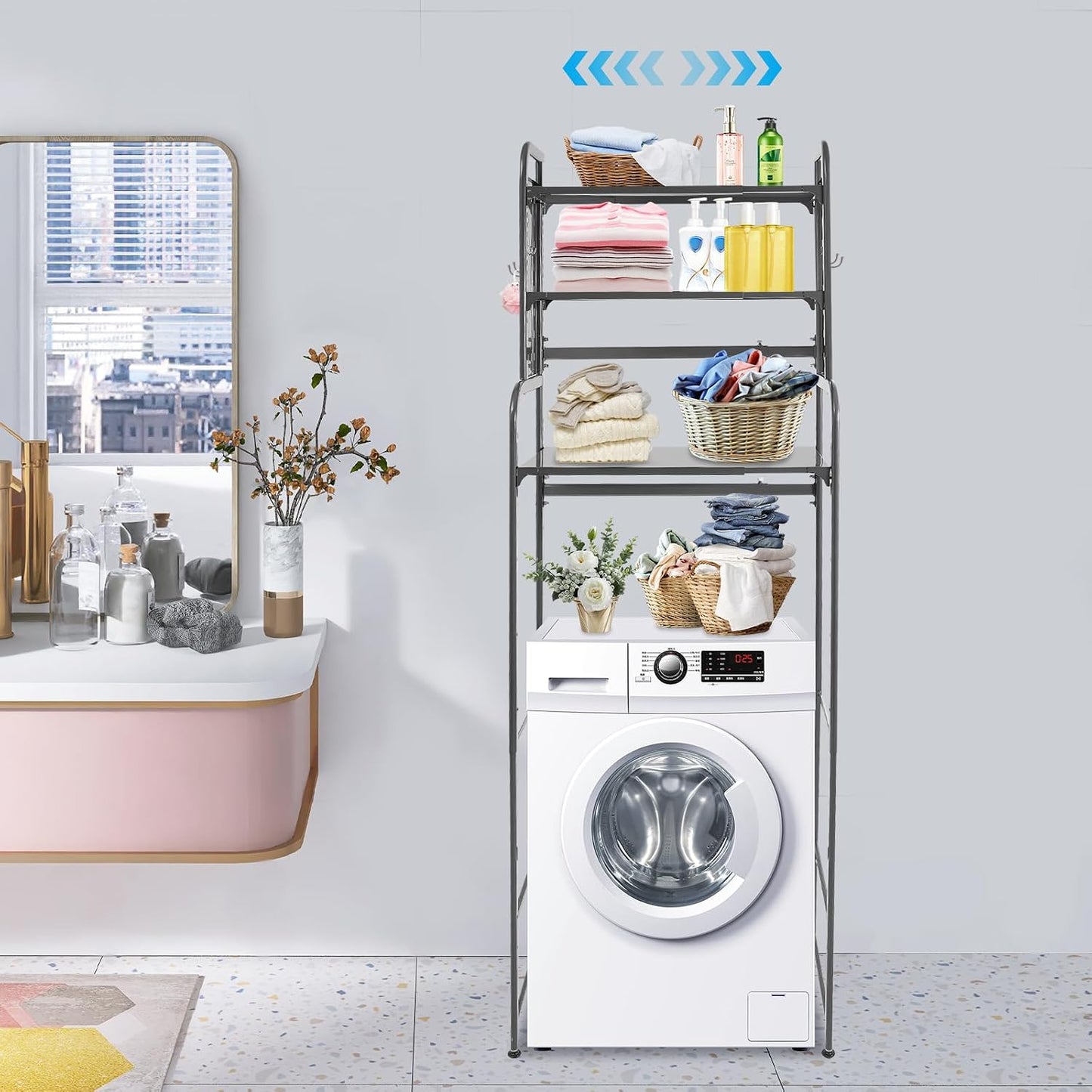 Over The Washer and Dryer Storage Shelf with Adjustable Shelf, 3 Tiers Expandable Over Toilet Storage Rack with Hooks Laundry Organizer Standing Shelf Gray for Laundry Room Bathroom