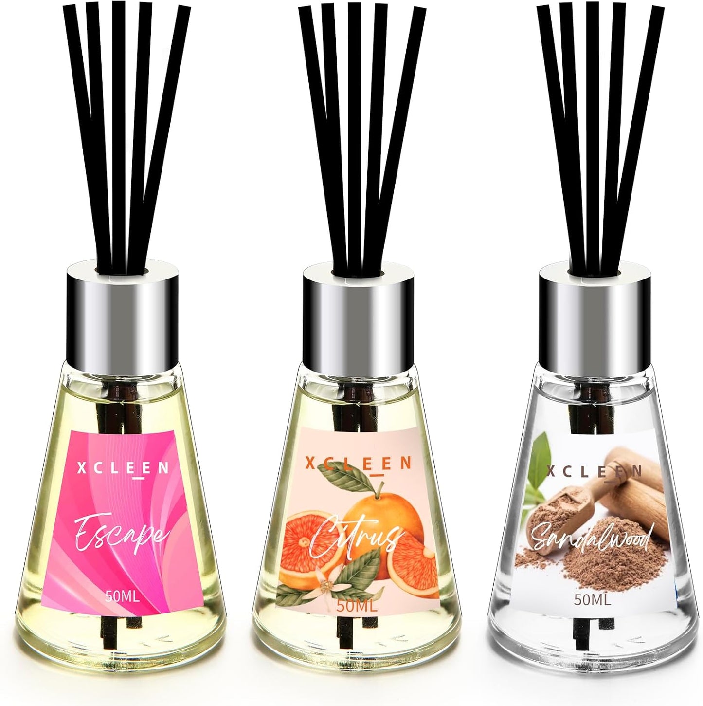 Xcleen 3 Pack Reed Diffuser, Scented Oil Diffuser with 15 Sticks, Escape/Vanilla/Moroccan Amber, Air Freshener for Bathroom & Office, Holiday Home Fragrance, Gift idea, Each 1.7Fl Oz, Total 5.1Oz