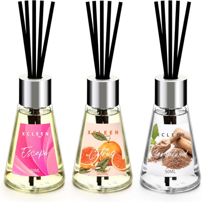 Xcleen 3 Pack Reed Diffuser, Scented Oil Diffuser with 15 Sticks, Escape/Vanilla/Moroccan Amber, Air Freshener for Bathroom & Office, Holiday Home Fragrance, Gift idea, Each 1.7Fl Oz, Total 5.1Oz