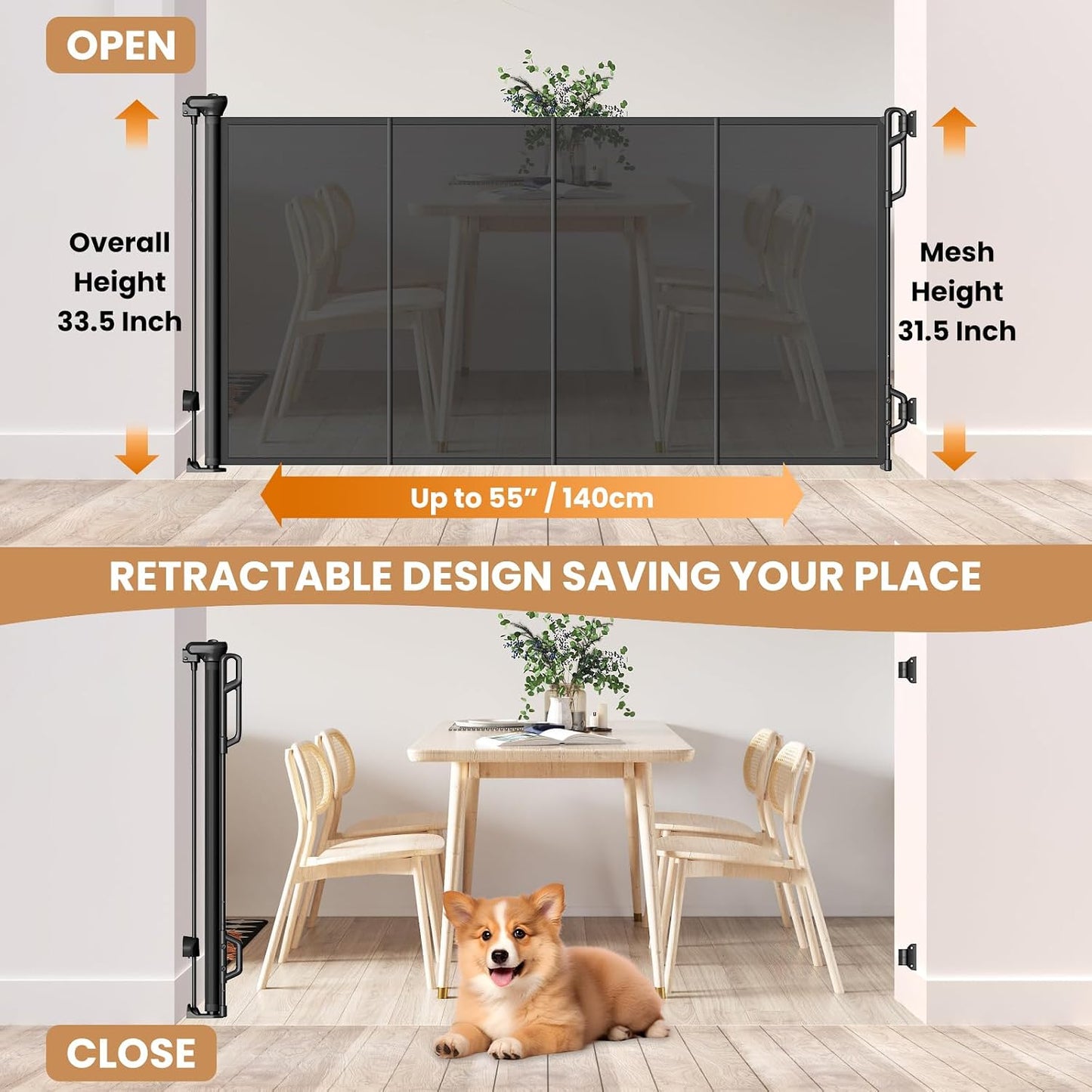 SPACEANY Reinforced Retractable Baby Gate, Mesh Dog Gate, Child Safety Gate for Doorways, Stairs, Hallways, Indoor/Outdoor, Wide Openings -33.5" Tall, Width up to 55" Gray