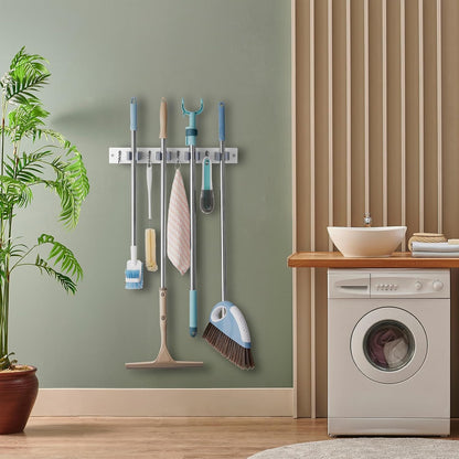 OUTNILI Mop and Broom Holder Wall Mount - Wood Broom Mop Hanger - Wall Mounted Garden Tool Rack Organizer for Closet Garage Laundry Room for Rustic Kitchen Decor With 5 Slots & 4 Hooks