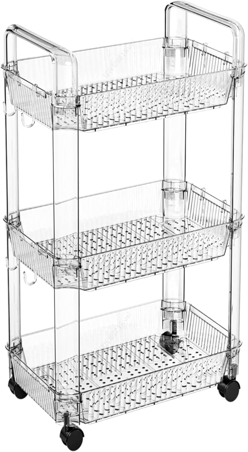 Yieach 3 Tier Rolling Cart with Wheels,Clear Narrow Bathroom Rack Organizer,Slim Storage Cart,Three Tier Thin Shelf and Narrow Rolling Utility Cart for Small Space Shelf,Dorm Room,Kitchen,Laundry