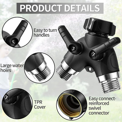 2 Way Garden Hose Y Splitter, 3/4 Inch Heavy Duty Metal Faucet Splitter | 2 Pack 3/4" Garden Hose Splitter Heavy Duty Water Faucet Splitter with Comfortable Rubberized Grip + 6 Extra Rubber Washers