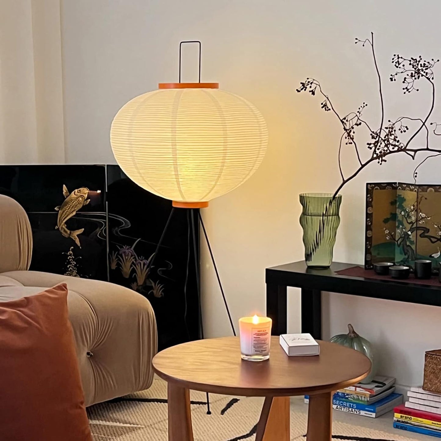 Handmade Rice Paper Floor Lamp Japanese White Light Standing Lamp Morden Festival Lantern Light with Chrome Lamp Body Farmhouse Floor Lamp for Living Room Bedroom