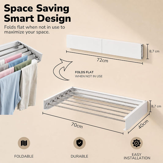 Wall Mounted Clothes Drying Rack Collapsible, Pure Stainless Steel Folding Laundry Drying Rack for Indoor Outdoor Use, Heavy Duty Wall Mounted Clothes Rack White