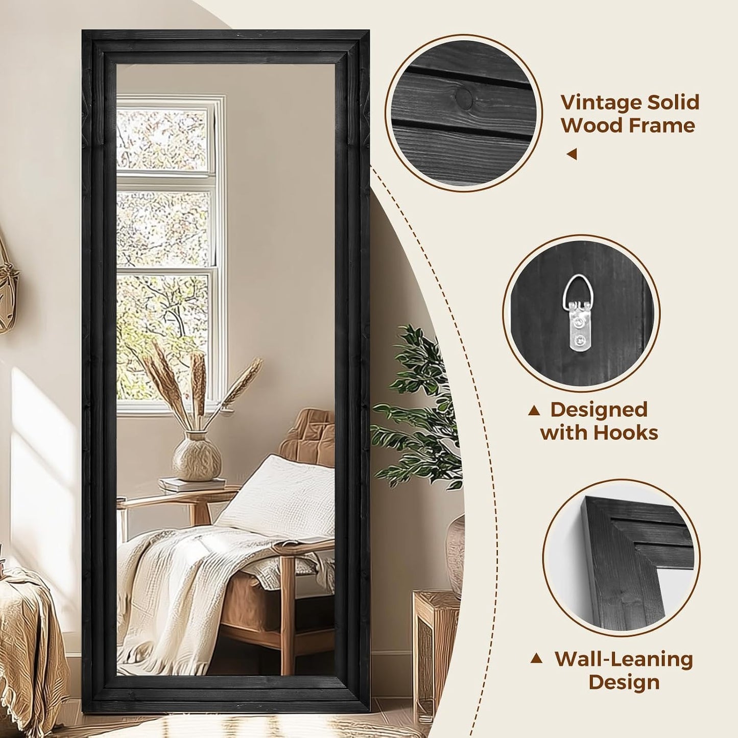 65"x22" Full Length Mirror Solid Wood Frame Floor Mirror with Stand for Living Room, Bedroom Hanging Standing or Leaning, Brown