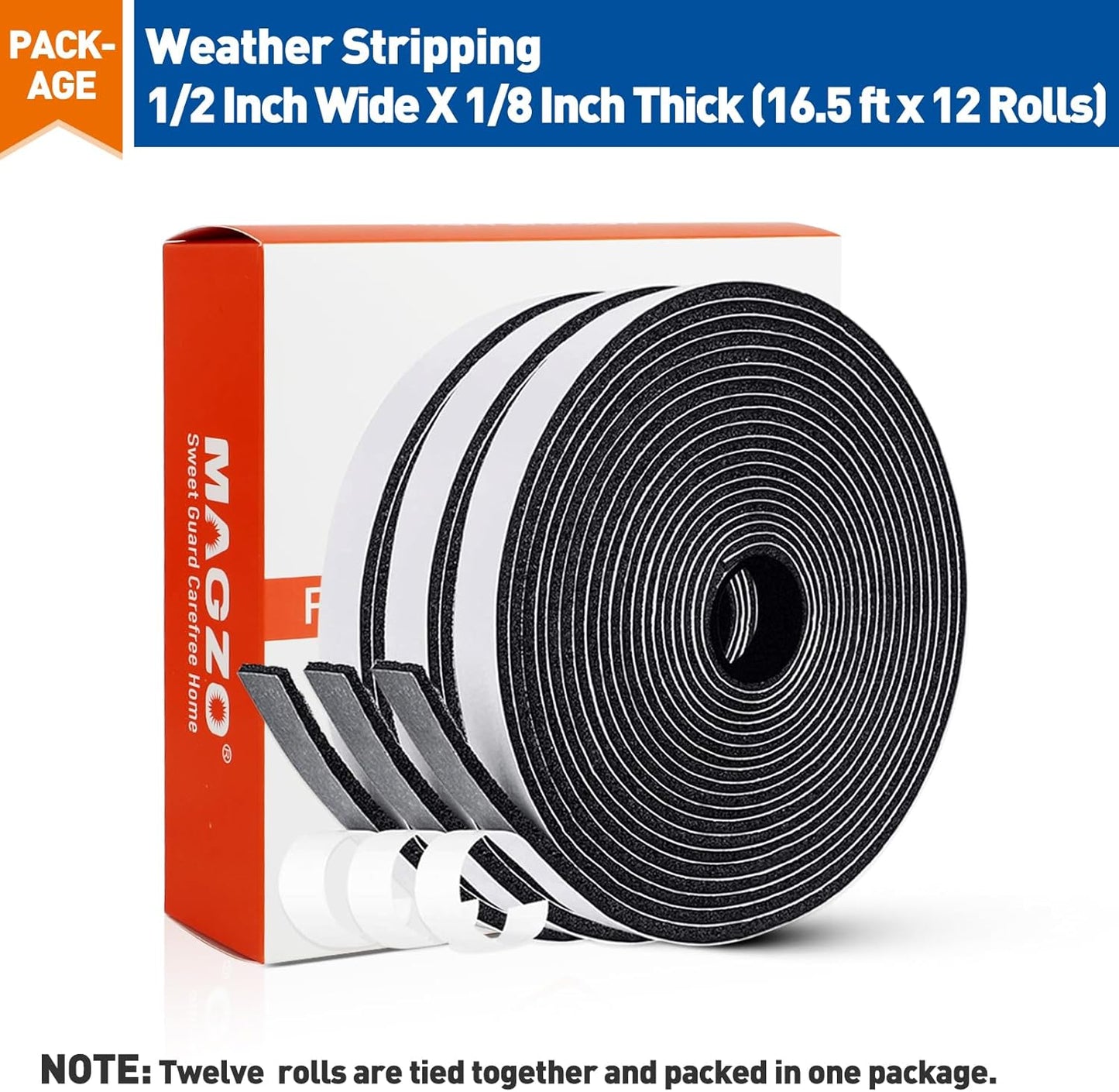 MAGZO Weather Stripping Door Seal, 1/2 Inch Wide X 1/8 Inch Thick Adhesive Foam Tape Soundproof Weatherstripping for Windows, 3 Rolls Total 50FT Black