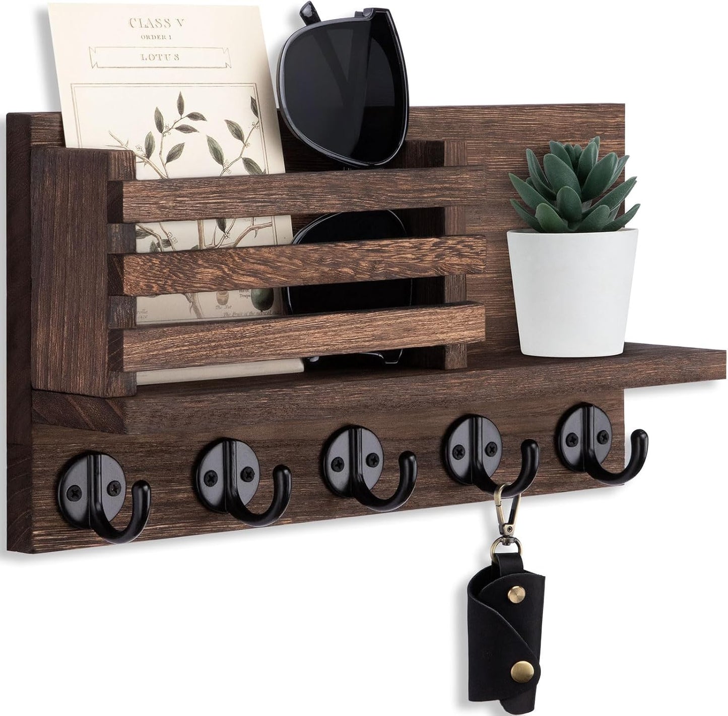 Wall Key Hook, Mail Organizer with 5 Metal Key Hooks, Decorative Key Rack Wall Mount, Tung Wood, 11.8 x 6.7 inches, Includes mounting Hardware (Brown)
