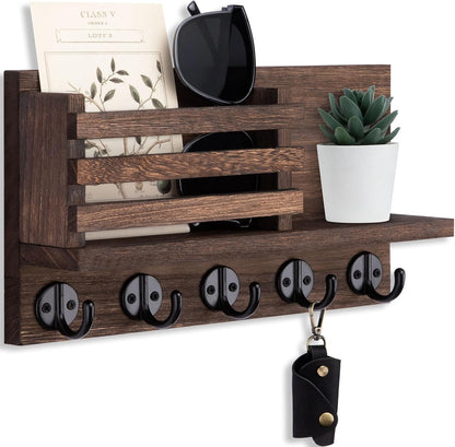 Wall Key Hook, Mail Organizer with 5 Metal Key Hooks, Decorative Key Rack Wall Mount, Tung Wood, 11.8 x 6.7 inches, Includes mounting Hardware (Brown)