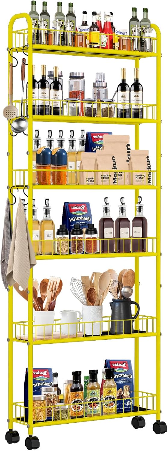 10in 6-Tier Slim Storage Cart with Wheels, Metal 10in Wide Black Narrow Rolling Shelf, Sturdy Slim Storage with Hooks Ideal for Kitchen, Bathroom, and Laundry Room