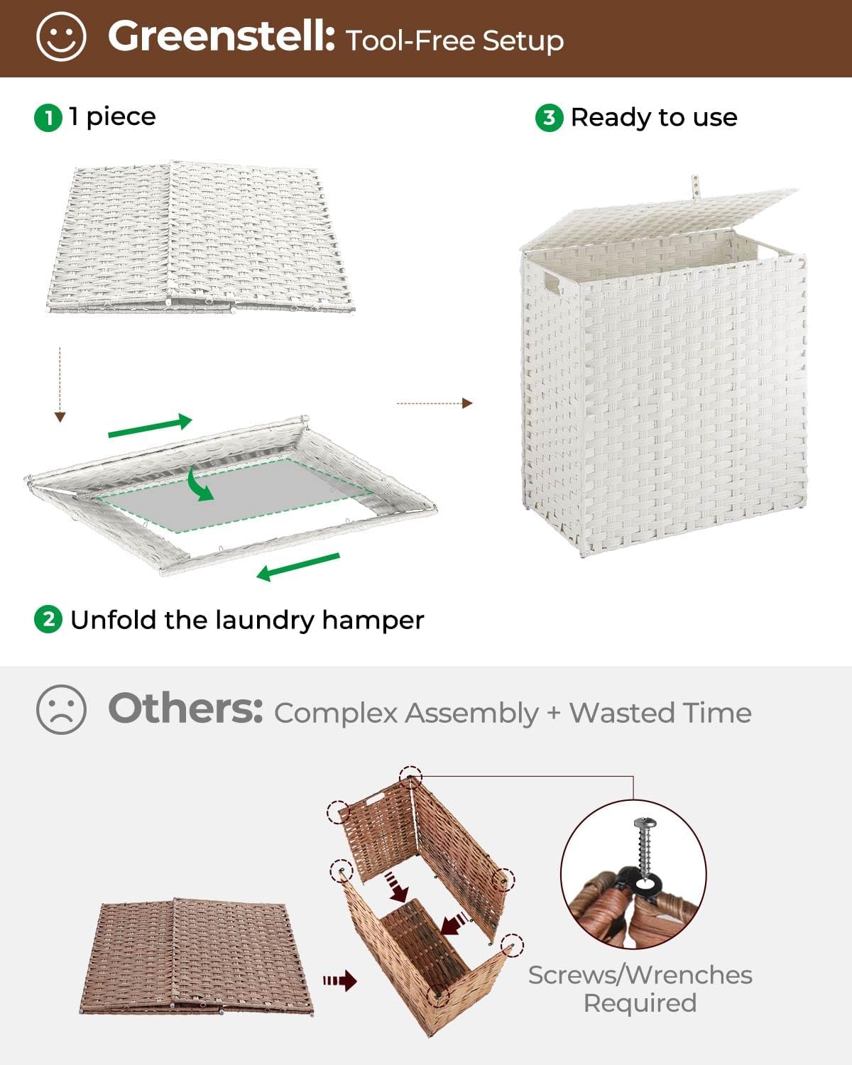 Greenstell Laundry Hamper with 2 Removable Liner Bags, Foldable Divided Clothes Hamper, 90L Handwoven Rattan Laundry Basket with Lid and Handles, No Assembly Needed, 18.3x13.3x24 Inches, Black