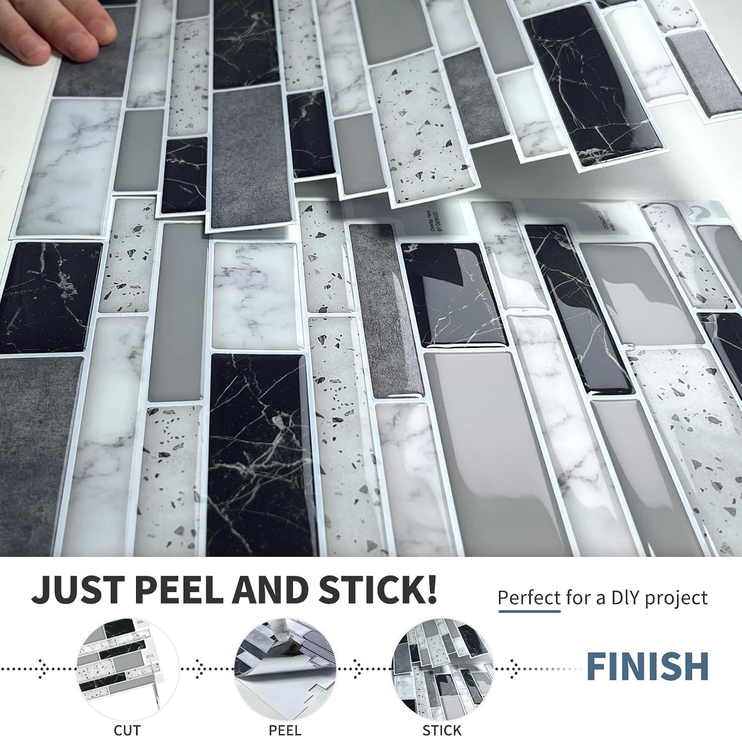 DEWOO Peel and Stick on Self Adhesive Backsplash Wall Marble Tiles Stickers 3D for Kitchen Bathroom,Spliced Blue (10-Sheet, 12"×12")