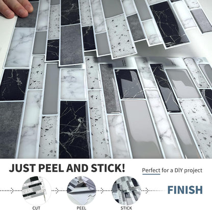 DEWOO Peel and Stick on Self Adhesive Backsplash Wall Marble Tiles Stickers 3D for Kitchen Bathroom,Spliced Blue (10-Sheet, 12"×12")